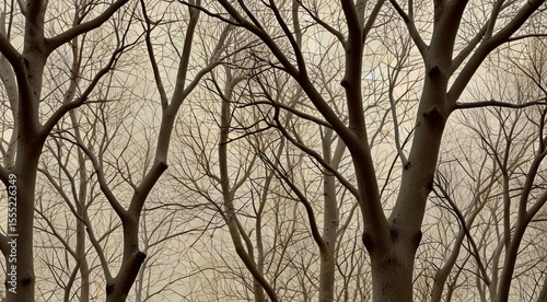 Serene woods showcase bare tree branches reaching skyward in a forest landscape, perfect for autumn or winter nature scenes.