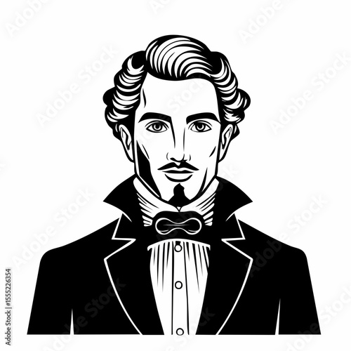 Black and white Handsome Victorian Man Portrait image vector isolated on white background.