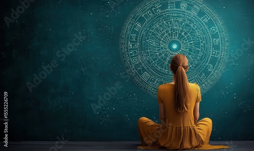 Sitting woman engaged in mystical practices, contemplating predictions and numerology symbols against a starry backdrop