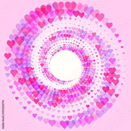 Abstract vector illustration of randomly scattered colorful hearts, festive spiral vortex, dynamic composition with objects, Valentine day banner background
