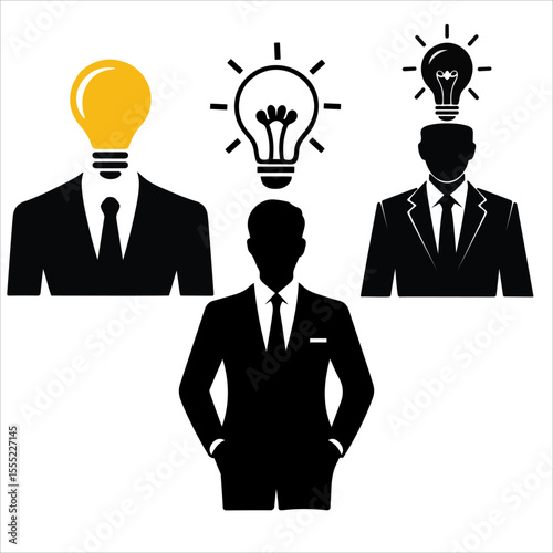 Business Idea Generation: Three businessmen silhouettes, two with lightbulbs symbolizing ideas, and one without, suggesting brainstorming or problem-solving.