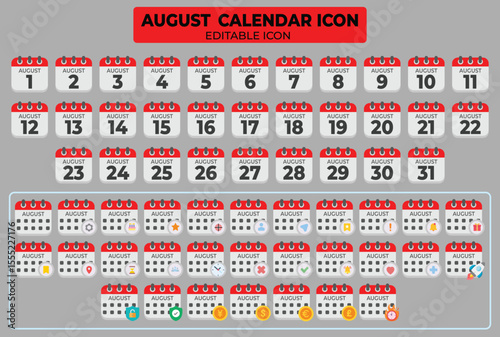 August calendar icon set with editable options for graphic design and scheduling