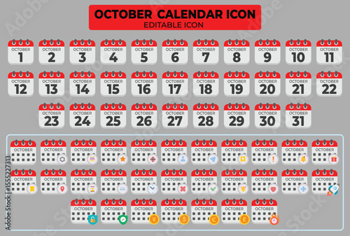 October Calendar Icons Set with Editable Features for Graphic Design and Illustration Projects