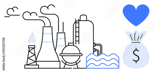 Smoke-emitting factories, pipeline infrastructure, water waves, blue heart, and money bag. Ideal for environmental sustainability, energy industry, economic impact, resource management climate