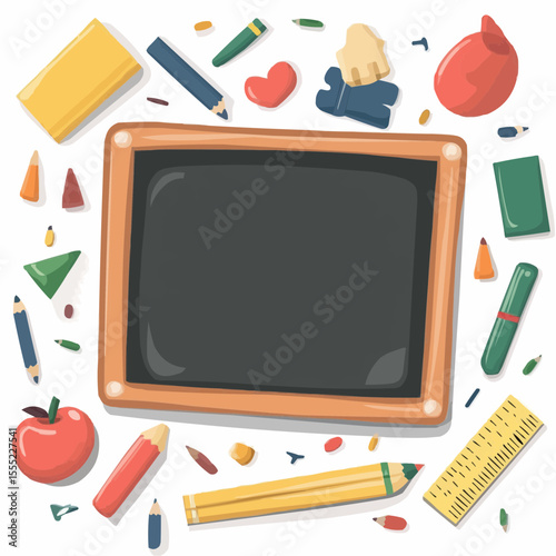 Flat vector illustration of a chalkboard with school items around, ideal for educational prints, packaging and children’s design
