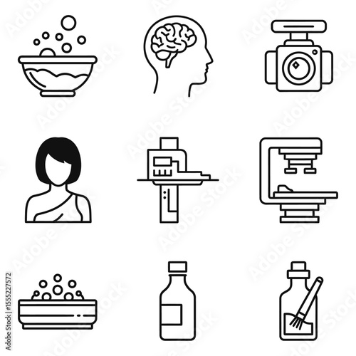 Line Icon Set - Brain, Camera, Woman, Microscope, Laboratory Equipment