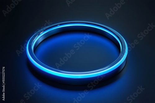 Glowing blue neon circle with metallic finish levitating on dark background, creating a futuristic and minimalist aesthetic
