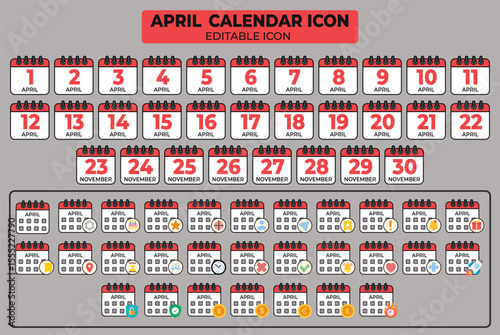 Editable April Calendar Icon Set with Customizable Elements for Planning and Organizing