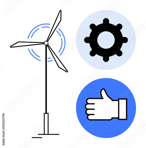 Wind turbine generating energy, gear symbolizing technology, thumbs-up for sustainability. Ideal for renewable energy, eco-innovation, technology, green solutions, environmental impact, teamwork