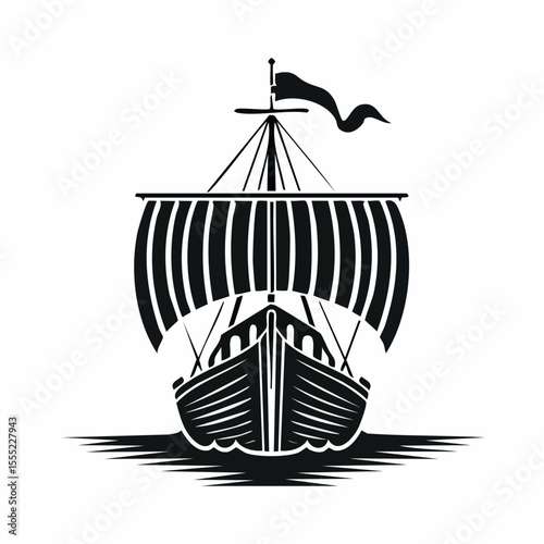 Black and White Ancient Viking Ship Front View Vector Illustration for Historical and Nautical Themes