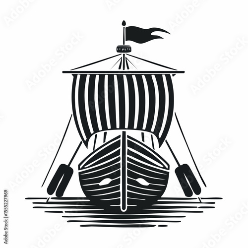 Black and White Ancient Viking Ship Front View Vector Illustration for Historical and Nautical Themes