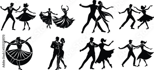 Vector art of silhouetted couples dancing isolated on transparent background