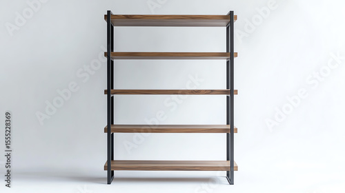 Bookshelf with five opentiered wooden shelves and metal frame, isolated on white background, functional home storage concept