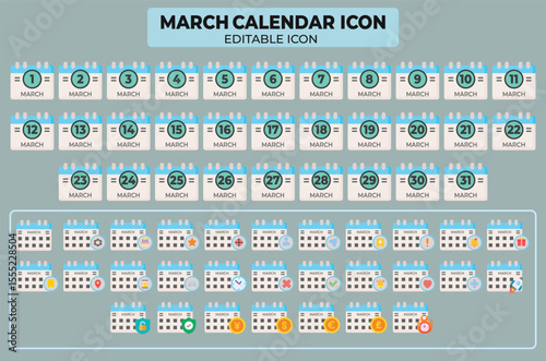 March calendar icon editable vector, design for business event reminder, schedule concept, monthly agenda or date organization