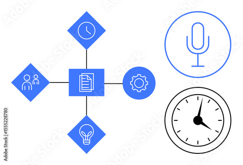 Central document links to teamwork, clock, gear, and idea icons visually representing organization, planning, and innovation. Ideal for workflow, collaboration, productivity business ideas
