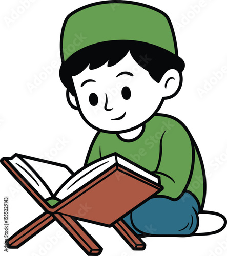 Boy reading holy book on stand green