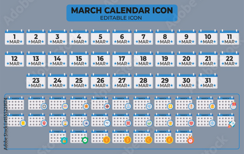 March Calendar Icons Set: Editable Vector Illustrations for Schedule and Appointment Planning, Representing the Entire Month