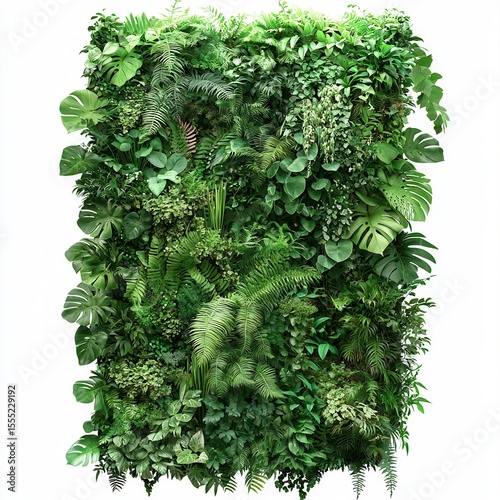 Lush green vertical garden showcasing diverse plants and foliage against a clean white background for vibrant decor enhancement