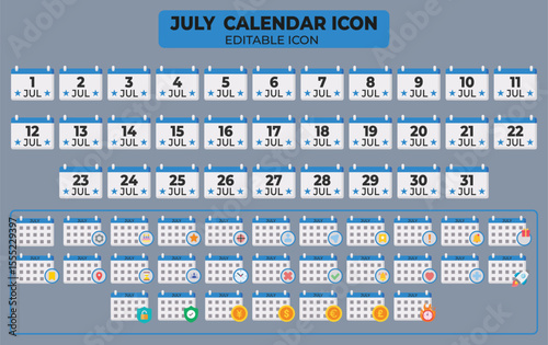 Editable July calendar icon set with individual dates and various event markers and graphic elements