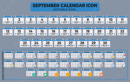 September calendar icons set, full month, editable vector illustrations for graphic design projects and presentations