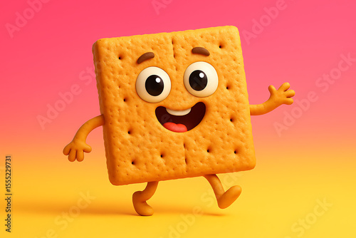 A cheerful animated graham cracker celebrating national graham cracker day, happily walking with a big smile on a vibrant background, perfect for food and holiday themes