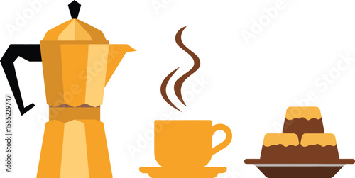 Golden coffee pot cup sweets vector