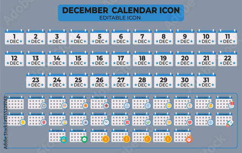 December Calendar Icon Set: Editable Vector Illustration with Full Month and Holiday Themes