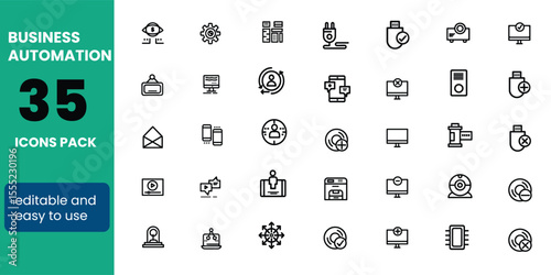 Business Automation Line Editable Icons set. Vector illustration in modern thin line style of technology related icons: optimization, robotic integration, business model, and more. Pictograms and inf