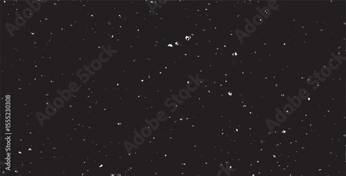 Snow, stars, twinkling lights, rain drops on black background. Abstract vector noise. Small particles of debris and dust. Distressed uneven grunge texture overlay.
