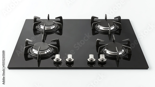 Gas stove top with four burners and safety control knobs, black tempered glass surface, isolated on white background