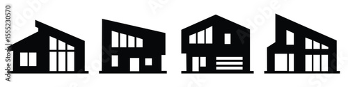 Modern building and house silhouette icons with minimal design of homes, structures, and roofs