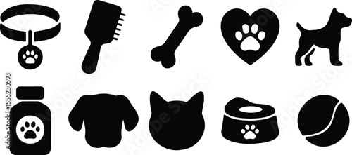 Pet care icon set in silhouette featuring dog, cat, paw, food bowl, brush, and collar in minimal black