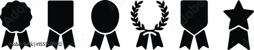 Silhouette award and badge icons with medal, ribbon, star, and wreath elements in flat minimal design