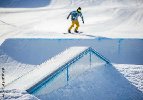 Snowboarding Action in Winter Park. A freestyle rider glides towards a rail feature in a sunlit terrain zone. This dynamic image embodies winter adventure and mastering skills.