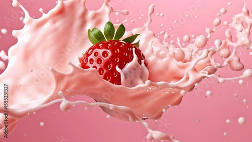 Strawberry Splash in Pink Bliss A vibrant, close-up shot of a luscious strawberry gracefully suspended amidst a splash of creamy pink, capturing the essence of freshness and flavor.