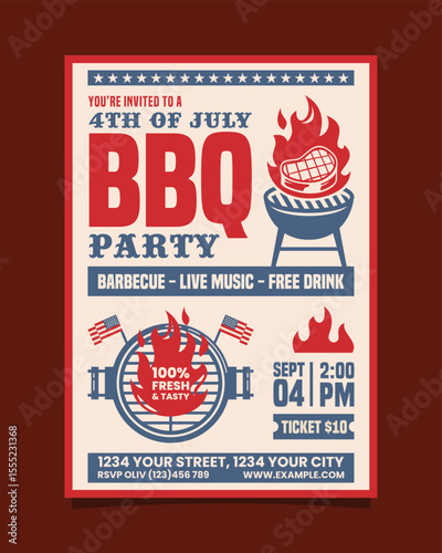 4th of July BBQ party vertical flyer, independence day bbq invitation poster vector template design