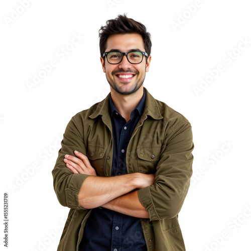 Confident man smiling with arms crossed in an outdoor setting wearing casual attire and stylish glasses