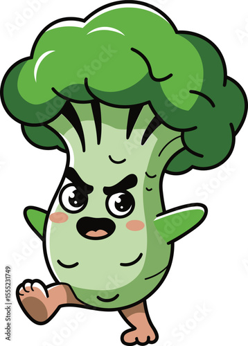 Angry green broccoli character stomping cartoon