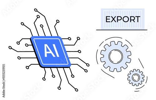 AI chip with circuit links connected to export concept through gears and container. Ideal for technology, automation, logistics, AI development, trade, innovation, industry, simple flat metaphor