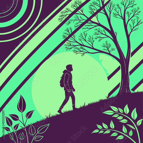 Silhouette of a hiker on a verdant hillside at dawn