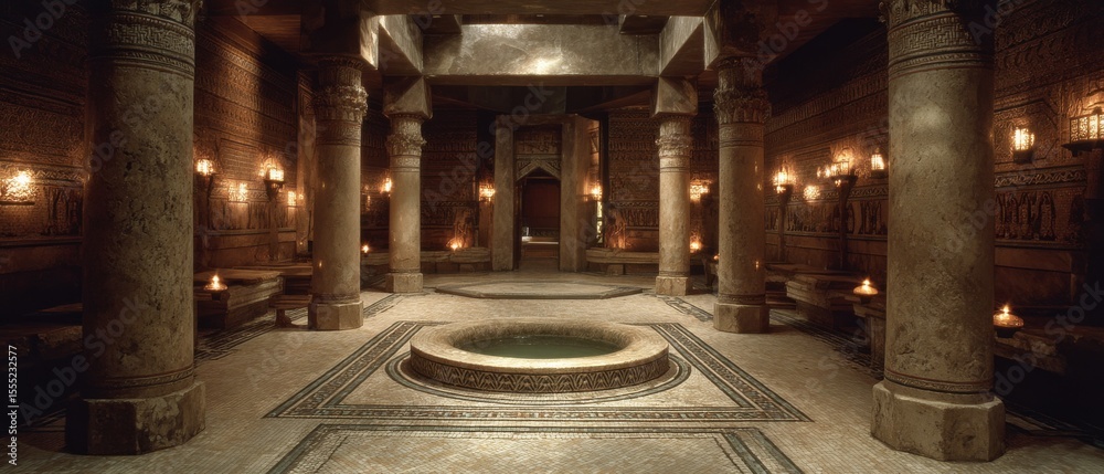 Obraz premium A magnificent spa setting with grand columns and tranquil ambient lighting, exuding luxury and serenity.