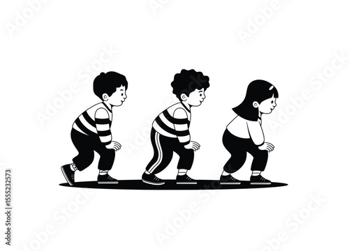 Kids walking slowly vector in black color with white background.