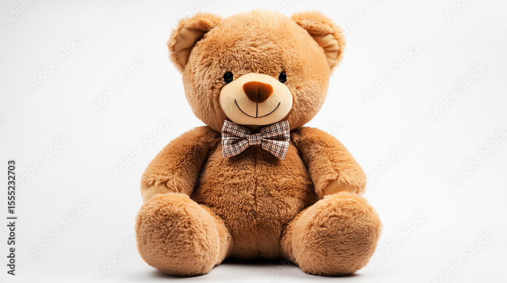 Fototapeta premium Plush teddy bear with bow tie and soft fur texture, seated pose, isolated on white background, children s cuddle toy