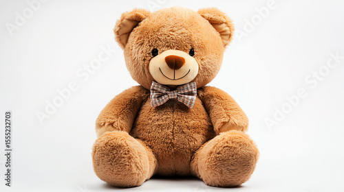 Plush teddy bear with bow tie and soft fur texture, seated pose, isolated on white background, children s cuddle toy