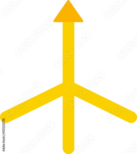 Straight yellow arrow originating from a tripod base representing movement from three-way origin.