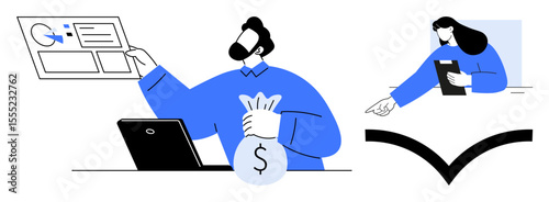 Scene of man holding money bag with web interface, laptop, and woman reviewing notes. Ideal for finance, teamwork, technology, online tools, productivity, business and simple landing page