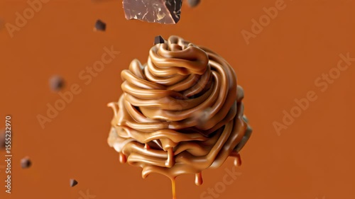 Caramel swirl dessert with chocolate chunks floating, brown background, closeup macro, indulgent sweet food, confectionery advertising, gourmet creative design animation