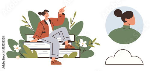 Young woman seated on stacked books surrounded by plants and flowers, gesturing upward. Includes a minimalistic avatar icon and cloud outline. Ideal for education, innovation, growth
