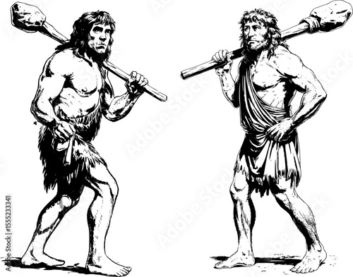 Caveman with Stone Staff Vector Set – Airbrushed Pen Sketch Comic Style – Barefoot Prehistoric Warrior Half Sideways Pose – High Detail Super Realistic Line Art for T-Shirt Prints and Graphic Design