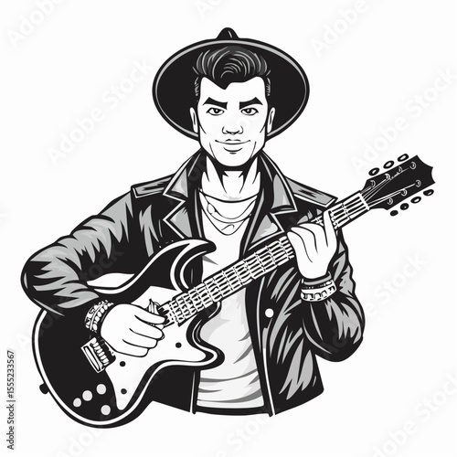 Rock star with guitar. Rock Roll Guitar Player Stock Vectors and Vector Art on white background.
